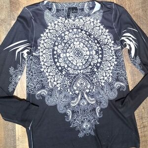 941 Women's New Direction Geometric Print Long Slv Pullover Shirt Med Multicolor